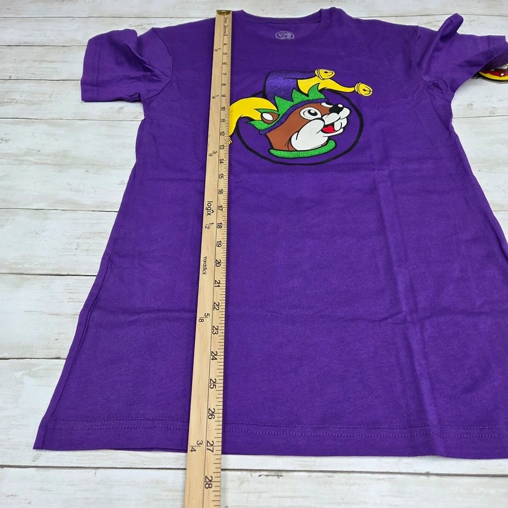 Buc-ee's T-Shirt Unisex Small Purple Mardi Gras Jester Card Glitter Short Sleeve